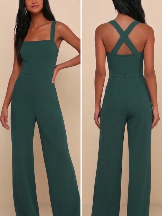 Aria Lattner Pants - Square-Neck Wide-Leg Cross-Back Jumpsuit in Deep Green